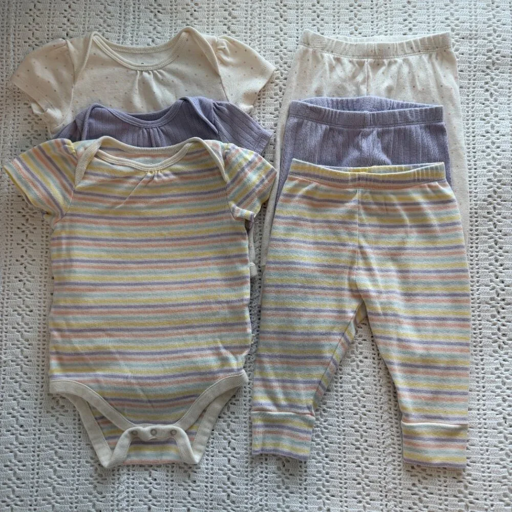 Mix & Match Baby Bodysuits and Pants Bundle Polka Dot Stripe Lilac Purple 6-12 M